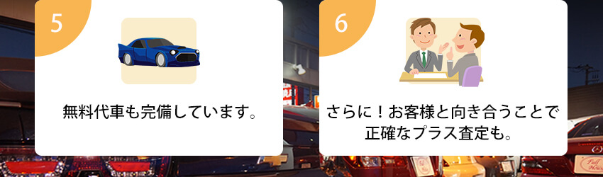 5 名義変更は翌月までに確実におこなっています。
6 さらに！お客様と向き合うことで正確なプラス査定も。